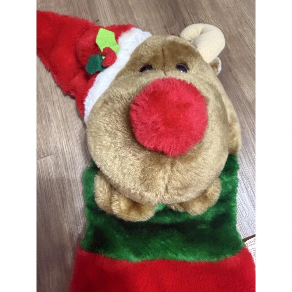 Vtg Christmas Stocking 3D Reindeer/Moose Plush Fuzzy‎ Red Nose 26